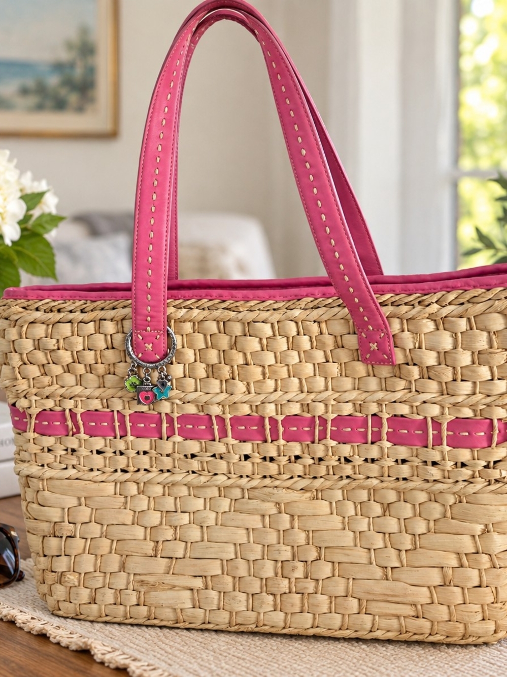 Brighton Woven Straw Tote Bag Pink Leather Trim Charm Floral Lining